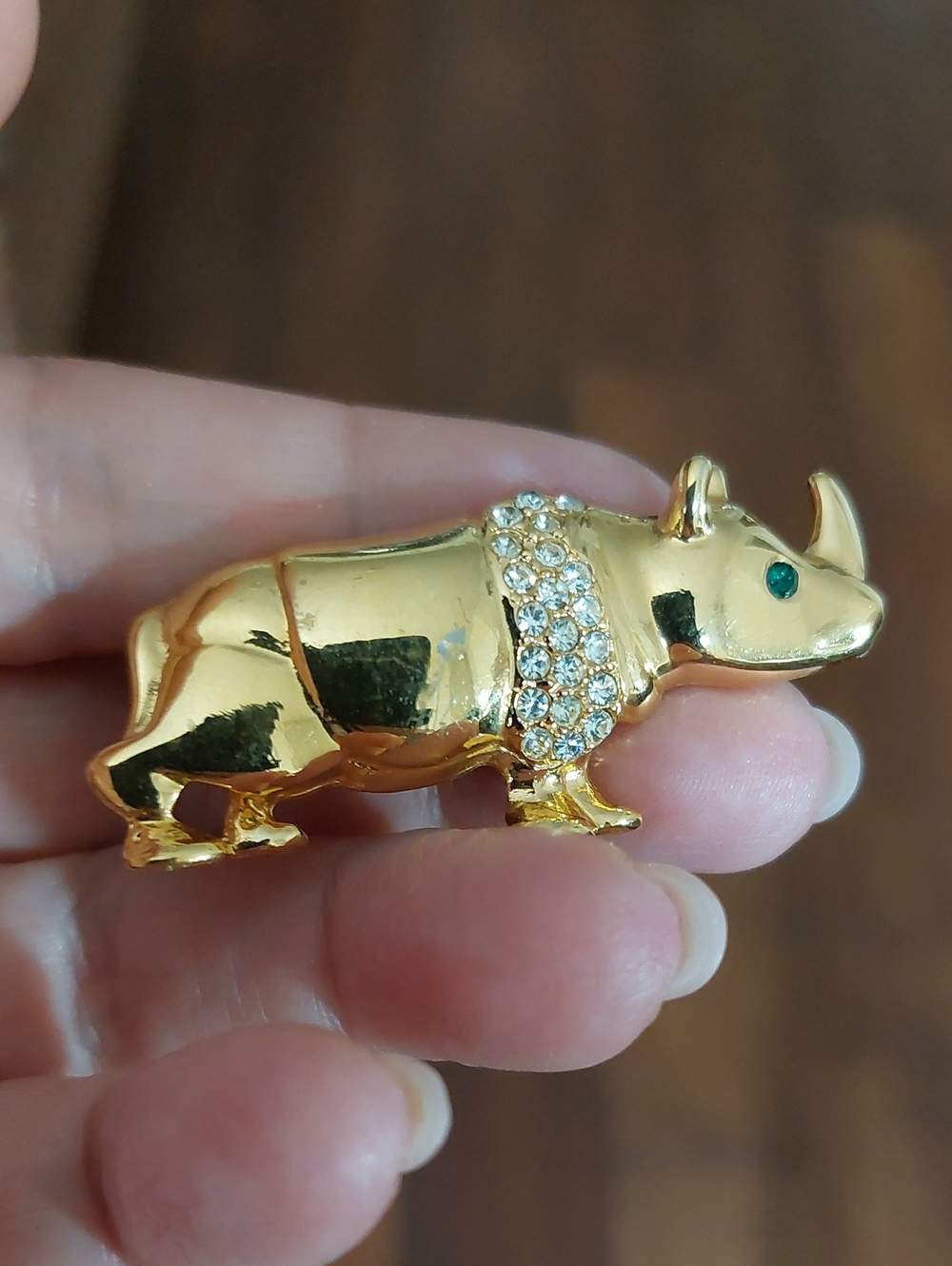 Vintage Gold Tone Rhinestone Rhinoceros Figural Brooch Pin Green Eye